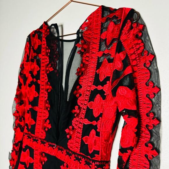 NICOLE MILLER Red Black Illusion Embroidered Mesh Long Sleeve Sheath Dress Size6 - Picture 9 of 11
